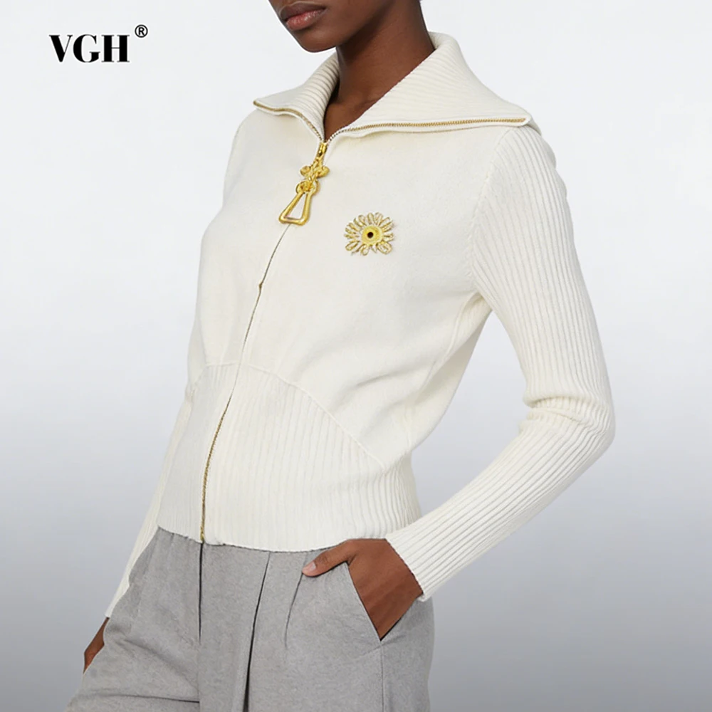 

VGH Autumn Solid Slimming Design Sense Knitted Sweaters For Women Lapel Long Sleeve Spliced Zipper Casual Sweater Female Atyle
