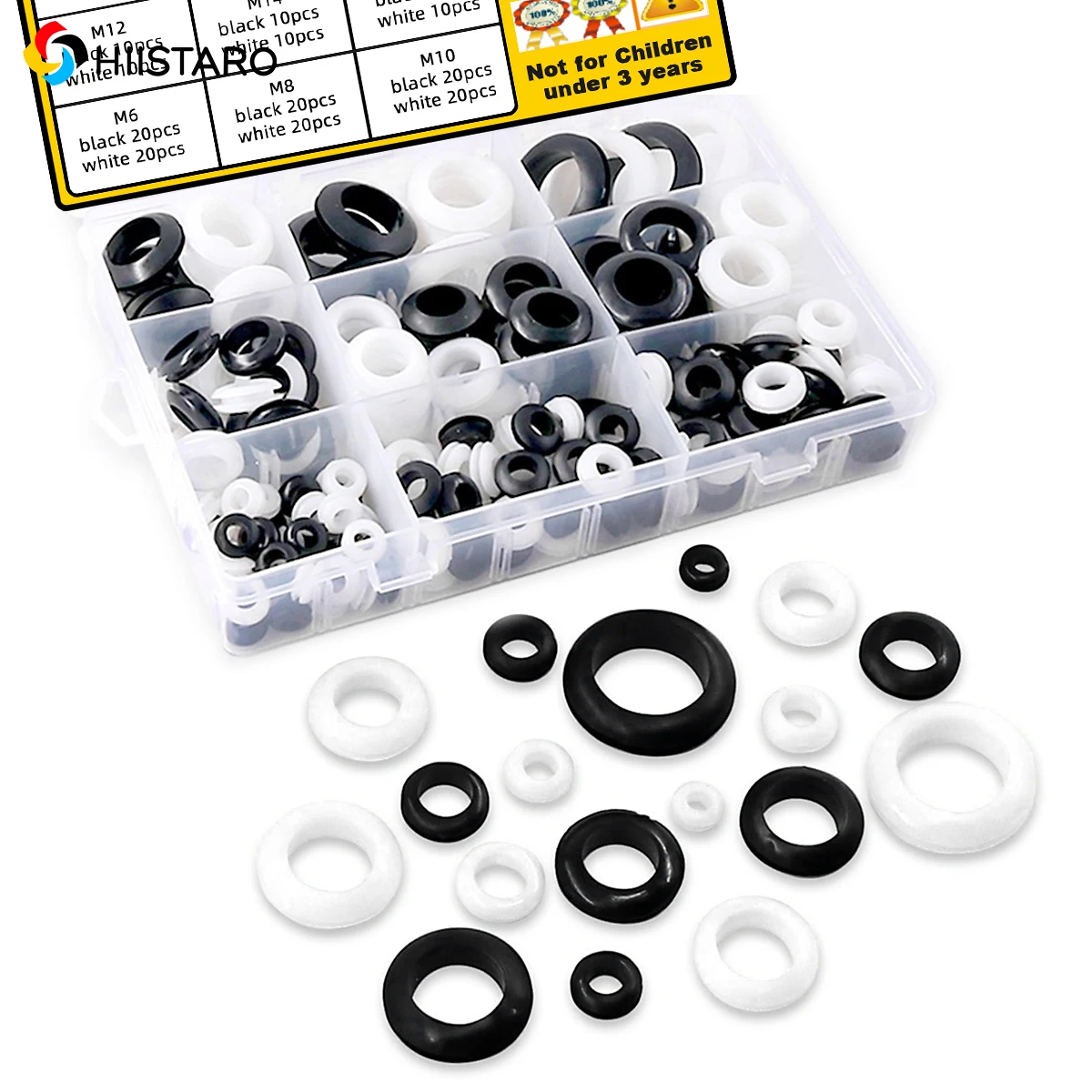 

200 Pieces 9 Sizes Black/White Round Rubber Grommet Combo Kit Electrical Wiring Coil Gasket for Plug Cable Wire