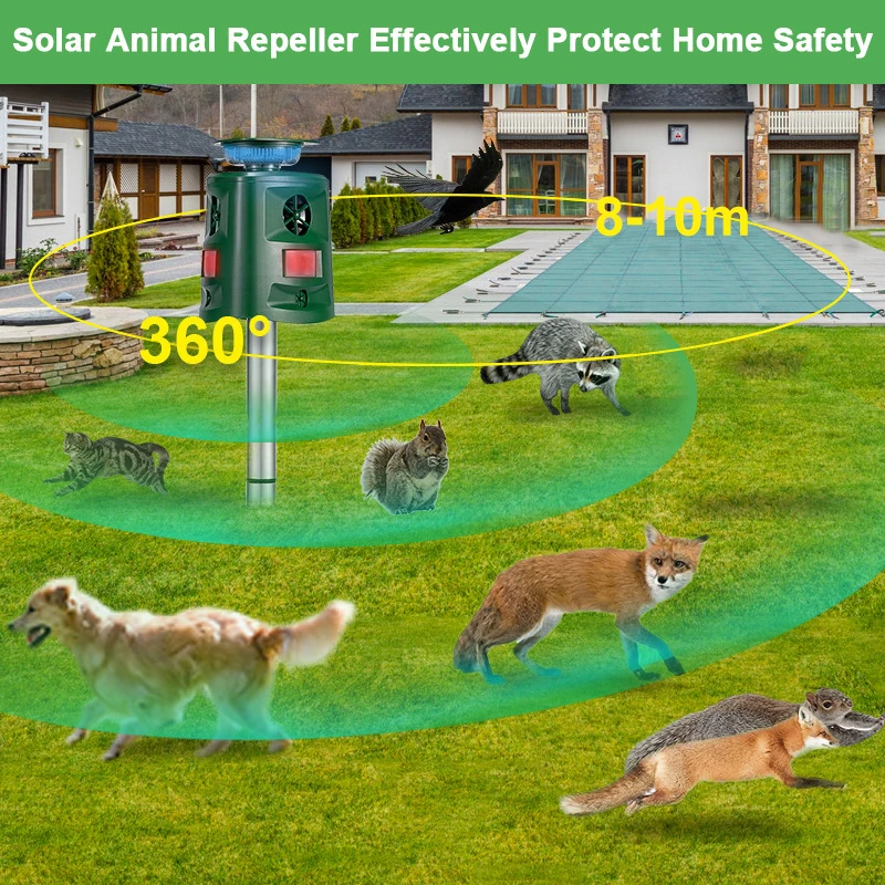 360 °   Repelente solar ultrassônico de animais com luz led piscante dispositivo de espantalho de animais para repelentes palomas pássaro gato mouse