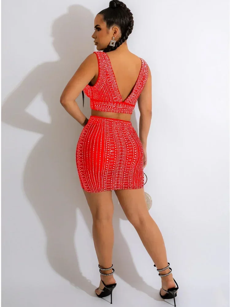 GUWU คริสตัลเพชร 2 ชิ้นชุดผู้หญิง V คอแขนกุดเสื้อกั๊ก Crop Top Sheer ตาข่ายกระโปรงมินิเซ็กซี่ปาร์ตี้ Clubwear