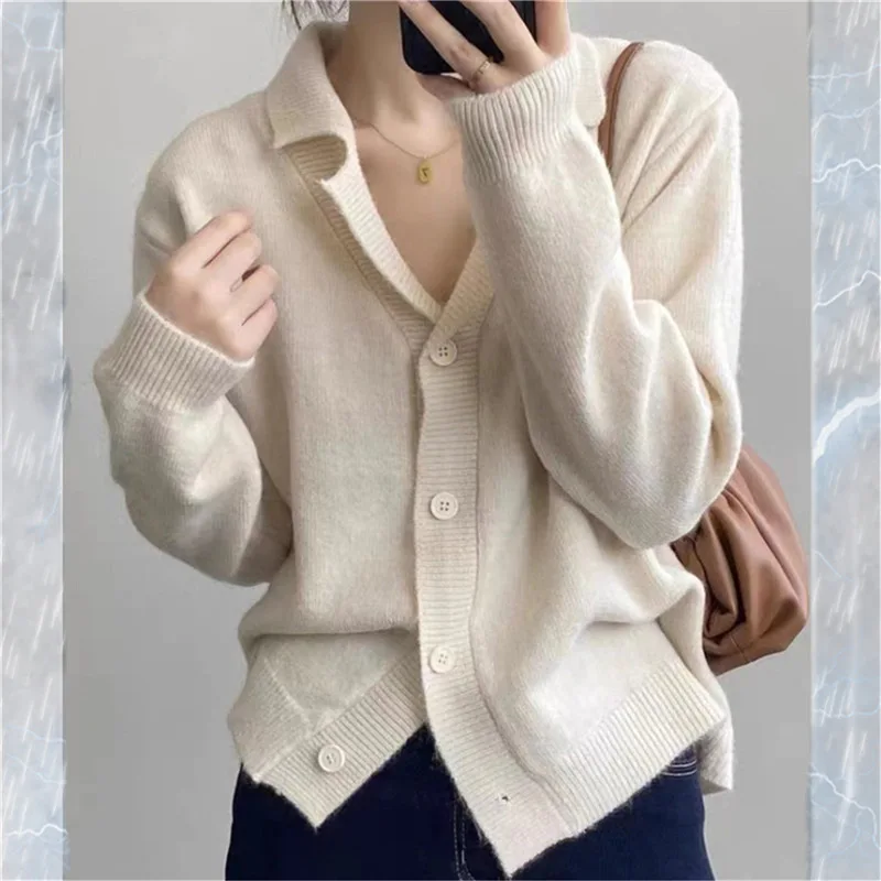 Cardigan à manches longues pour femmes, veste pull, revers, style vintage, solide, décontracté, nouveau, automne, hiver, 2024