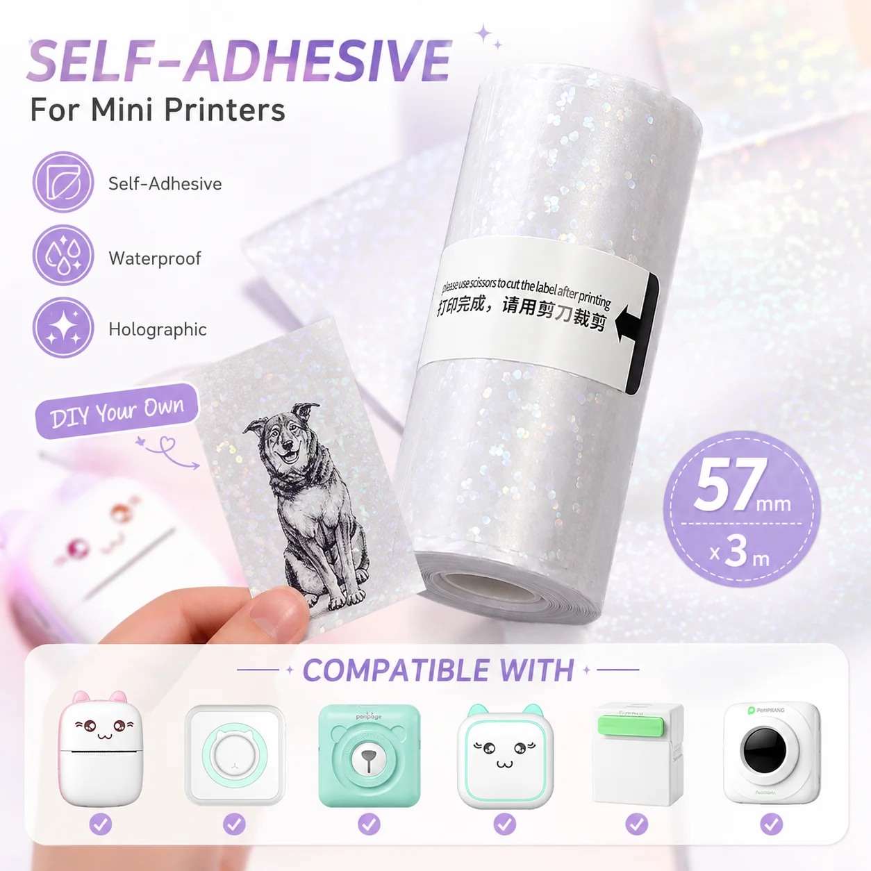 Transparent Self-Adhesive Thermal Paper 57x25mm Glossy Clear Label Roll for Mini Pocket Thermal Printers