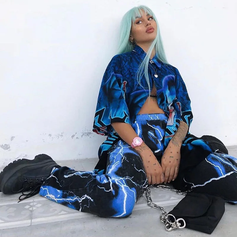 

Y2k dark street retro lightning stripe casual Harajuku loose wide leg pants trendy women's hip-hop allmatch street women's pants