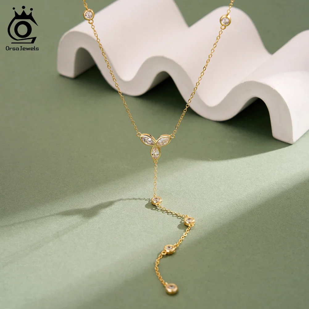 

ORSA JEWELS Exquisite 925 Sterling Silver Long Cubic Zirconia Chain Necklace for Women Shiny Y-shaped Summer Jewelry BQN38