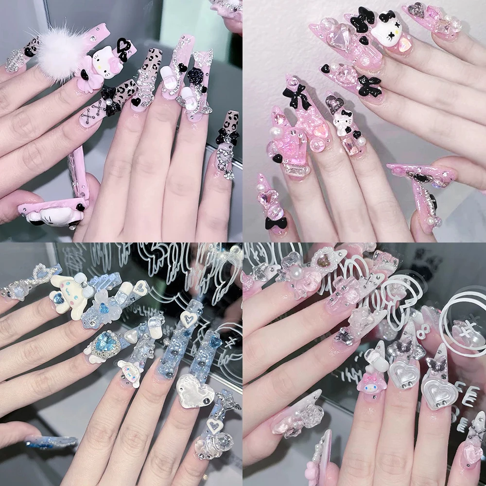 Sanrio Cartoon Kawaii Hello Kitty Handmade Press On Nail Long Coffin Almond Spice Girl Rhinestone Butterfly Detachable Fake Nail