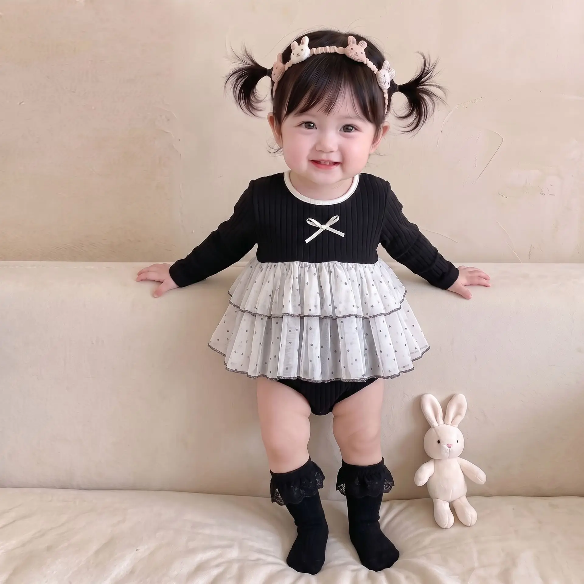 New Product Autumn 2026 Baby Girl Pit Bar Bag Fart Clothes Children's Sweet Wave Dot Mesh Princess Skirt Outward Jumpsuit