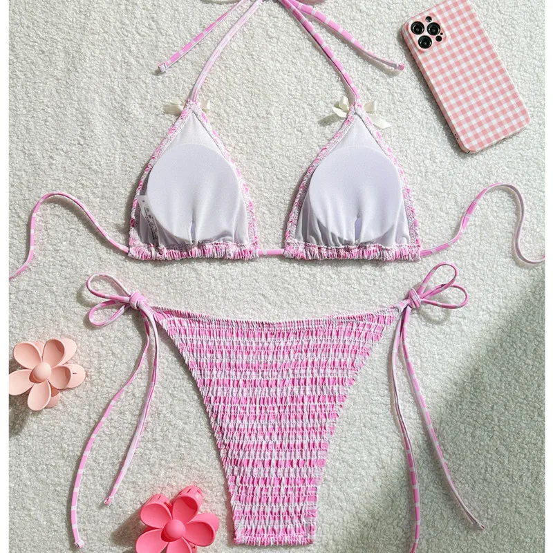 Rosa sexy biquinis meninas maiôs das mulheres banho push up feminino praia swim wear fatos de banho conjunto biquíni brasileiro piscina banhista