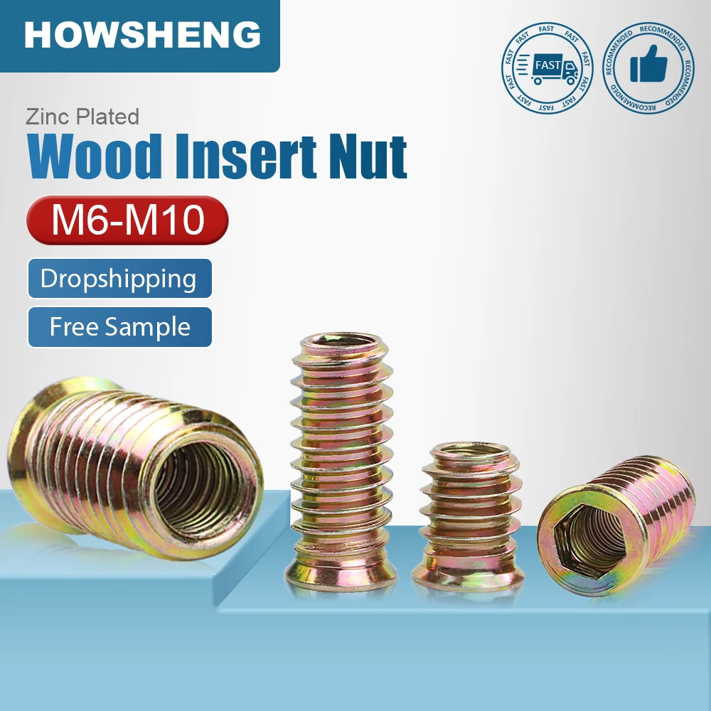 Tuerca de inserción de madera HOWSHENG, Conector de tuerca hexagonal de acero al carbono, Zinc plateado, piezas M8 M10, 5-40 M6