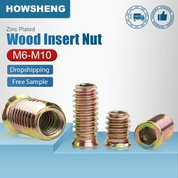 Howsheng-ウッドインサートナットコネクタ、炭素鋼、亜鉛メッキ、六角ナットねじ、m6、m8、m10、5-40pcs