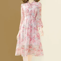 EVNISI Autumn Women Elegant Floral Printing Chiffon Dress Casual Slim Office A-line Dresses Lady Party Ruffles Fairy Vestido