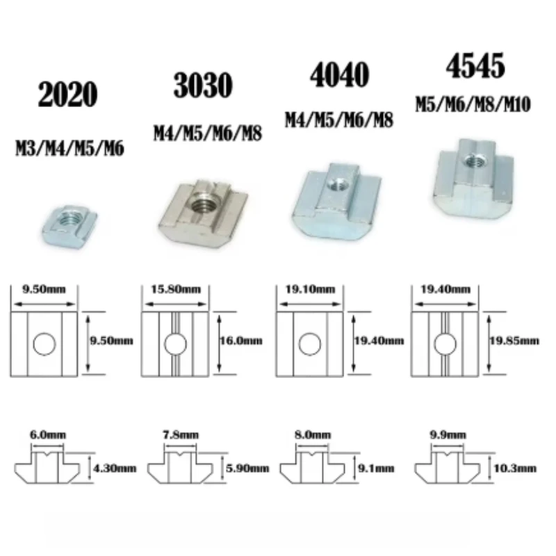 10Pcs/Set T Block Square Nut Standard Ship Type Nut Screw T-Track Sliding Hammer Nut Automotive Components M3 M4 M5 M6
