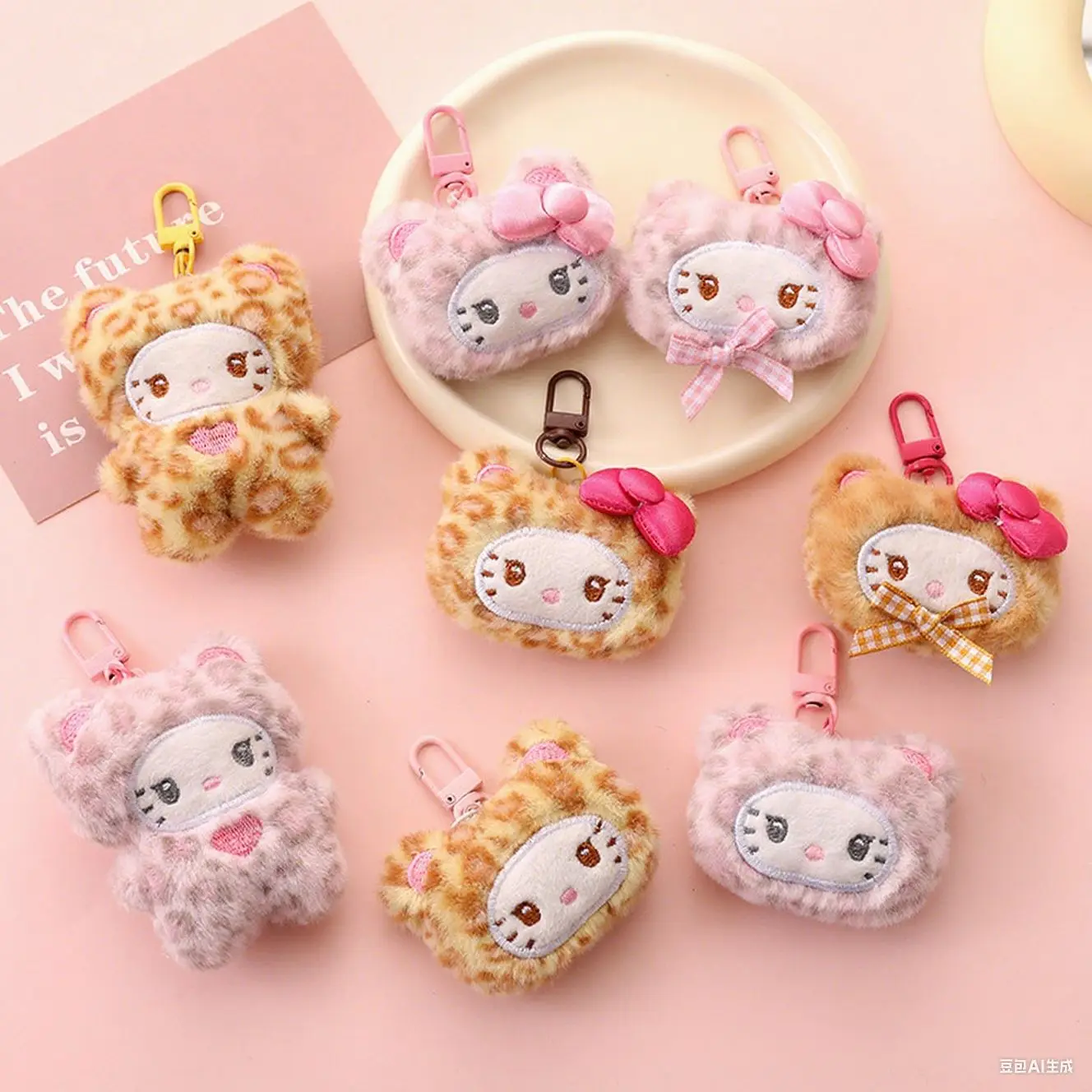 

Sanrio Hello Kitty Leopard Print Plush Keychain Cute Cartoon Bag Pendant Set Gift for Fans and Kids