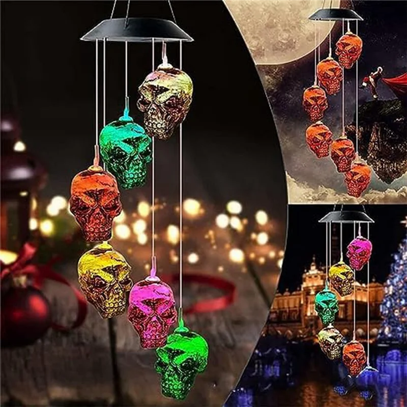 Halloween Skull Skeleton LED Solar Wind Chimes for Outside for Halloween Outdoor Porch Yard Garden