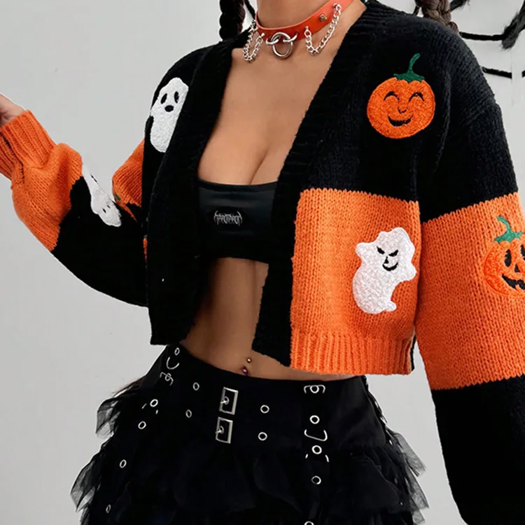 Halloween Sweater Ghost Pumpkin Pattern Cardigan Personality Street Hip Hop Crop Coat Girl Socialite Party Women Autumn Jacket