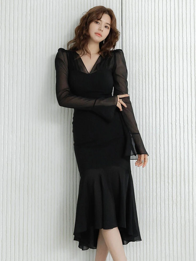 Femmes vêtements décontracté noir transparent Sexy col en v mince Midi robe sirène élégante dames mode soirée bal robes printemps