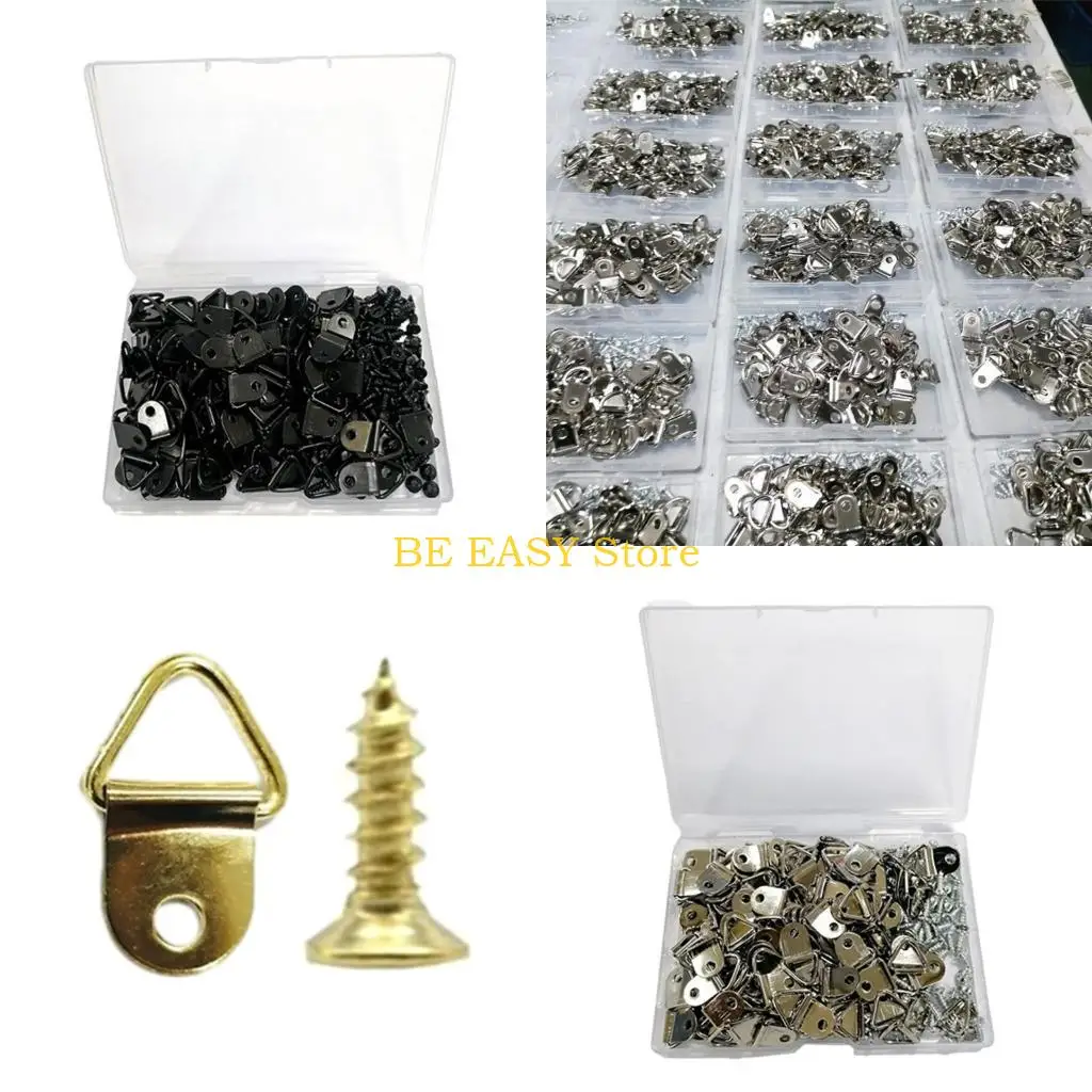 

E28F Pack of 100 Single Hole Hangers Metal Triangles D Rings with Screw Painting Hangings Hook Reliable Picture Hangers Set