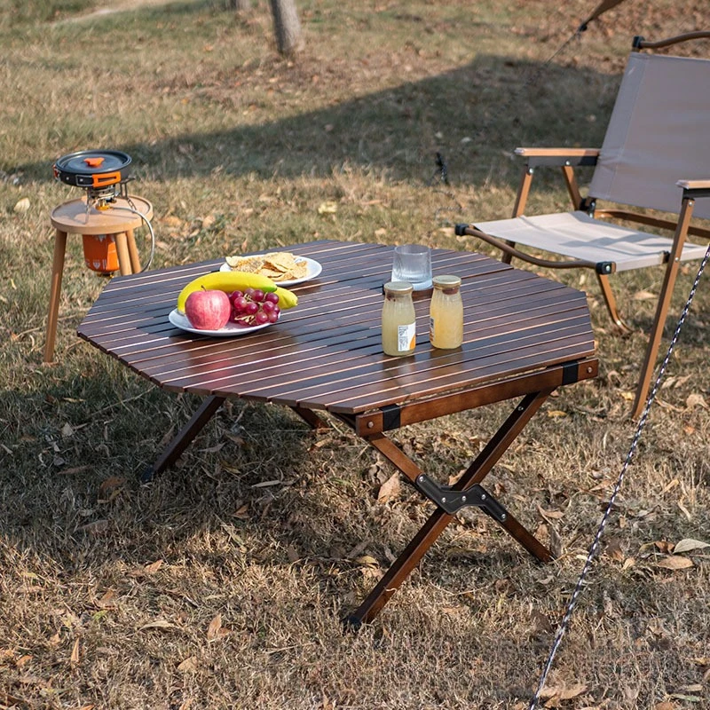 Portable Solid Pine Egg Roll Table - Foldable Octagonal Camping Table for Self-Driving, Mountain Picnics & Outdoor Leisure