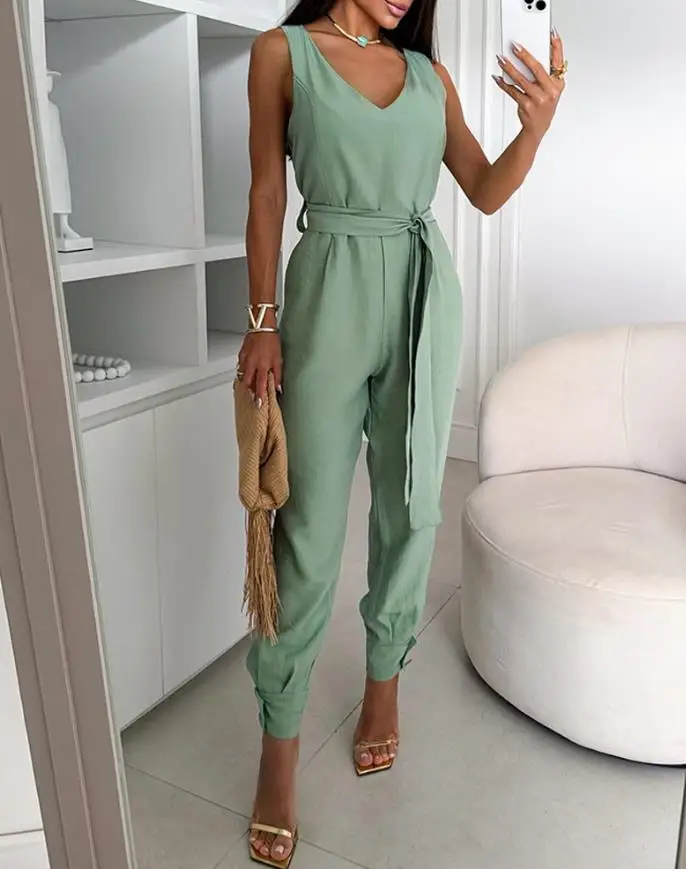 Women's Jumpsuit V-Neck Thick Strap Tied Detail Zipper Back Cuffed Jumpsuit Elegant Overalls Fashionable Retro Casual Jumpsuit