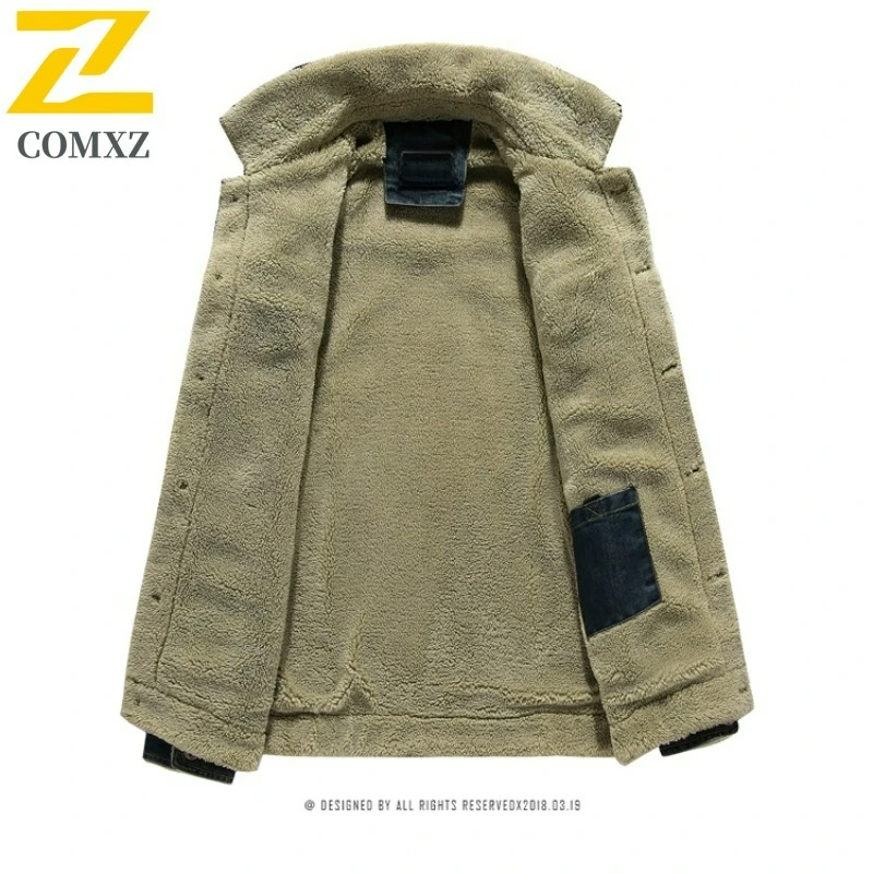 رجل صوف الضأن القطن مبطن الدنيم سترة الخريف الشتاء الصوف سميكة الدافئة شيرلينغ طوق ملابس خارجية الشارع الشهير معطف خمر