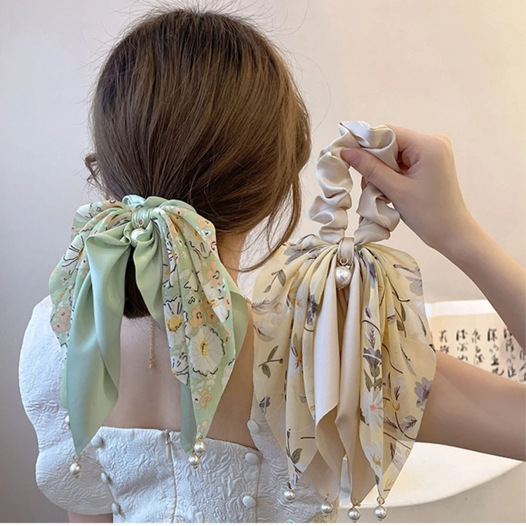 

Летняя повязка на голову со свежим бантом, повязки для волос для женщин, элегантно завязанный хвост, растрепанная повязка, веревка для волос с жемчужным цветочным принтом