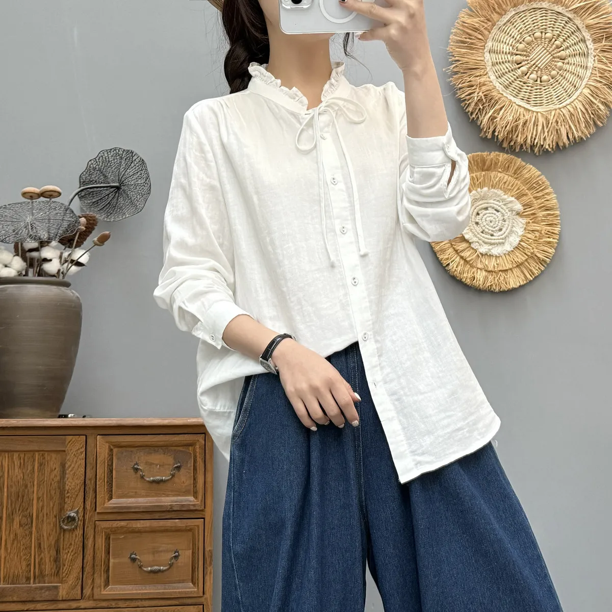جديد 2025 قميص خريفي بأكمام طويلة من غزل القطن ، بلوزة نسائية فضفاضة مكشكشة برباط علوي ، بلوزة موري جيرل ناعمة OL متعددة الاستخدامات T57057CC