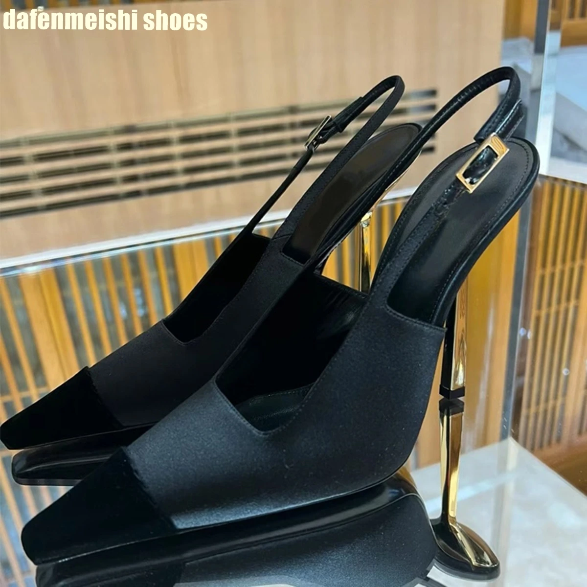 Satin Fabric Square Toe Metal Thin Heel Women High Heels Back Strap Slingback Fashion Sandals Black/white 2024 New Pumps