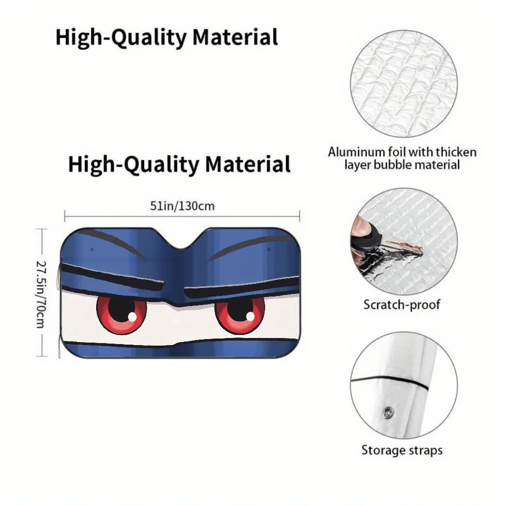 A Detailed View Of A Cartoon Figure Featuring Red Eyes, Designed For Car, Including A Front Window Cover And Decorative Elements