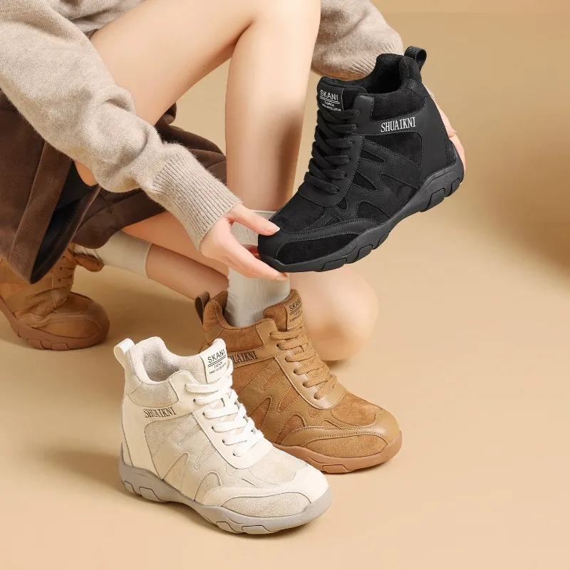 

Luxury Designer Shoes for Women 9Cm Height Increase Ankle Boots for Women Outdoor Mountaineering High-top Velvet Cotton Shoes 신발