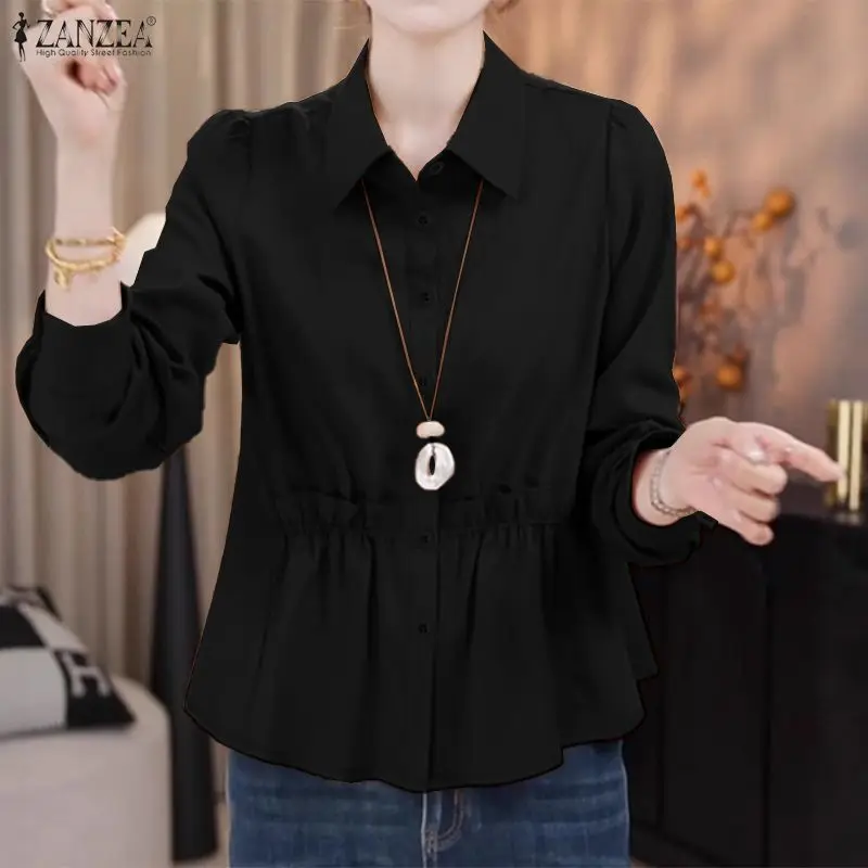 ZANZEA Fashion Women Lapel Neck Long Sleeve Shirt 2026 Spring Autumn Blouse Casual Solid Button Blusas Stylish Flounce Work Tops