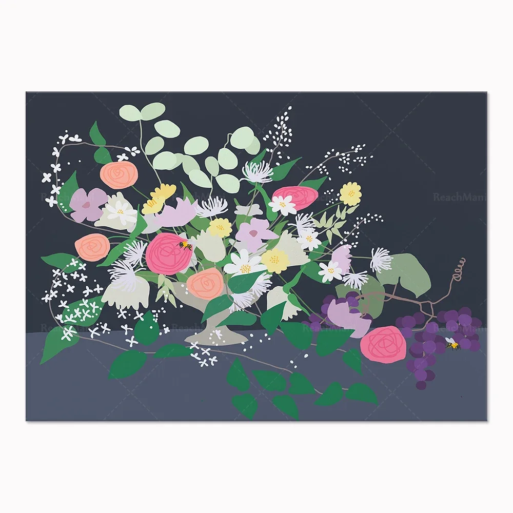 Laurel branch, nasturtium, monarch butterfly and olive branch, berries, vase with Delft blue, floral still life art poster