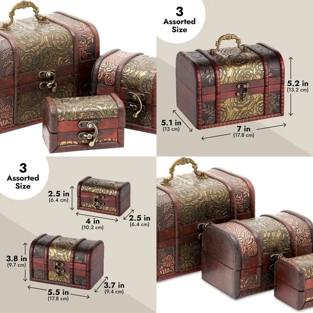 

Vintage Brown Floral Wooden Nesting Boxes Set - 3-Piece Decorative Storage & Jewelry Chest with Hinged Lid