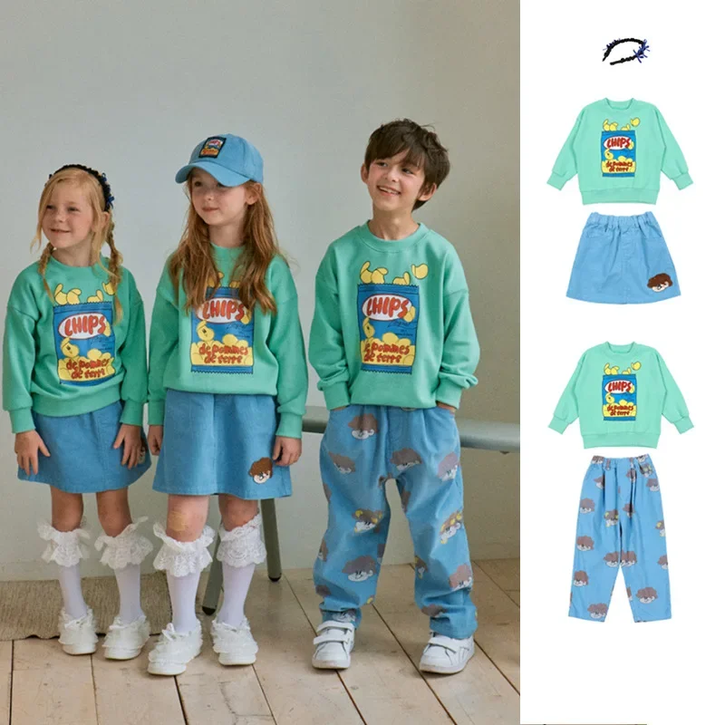 Girls' Autumn Clothes Cartoon Potato Chip Printing Sweatshirt Boys Girls Pullover Spring Active Tracksuit Hoodie Skirt 2Pcs