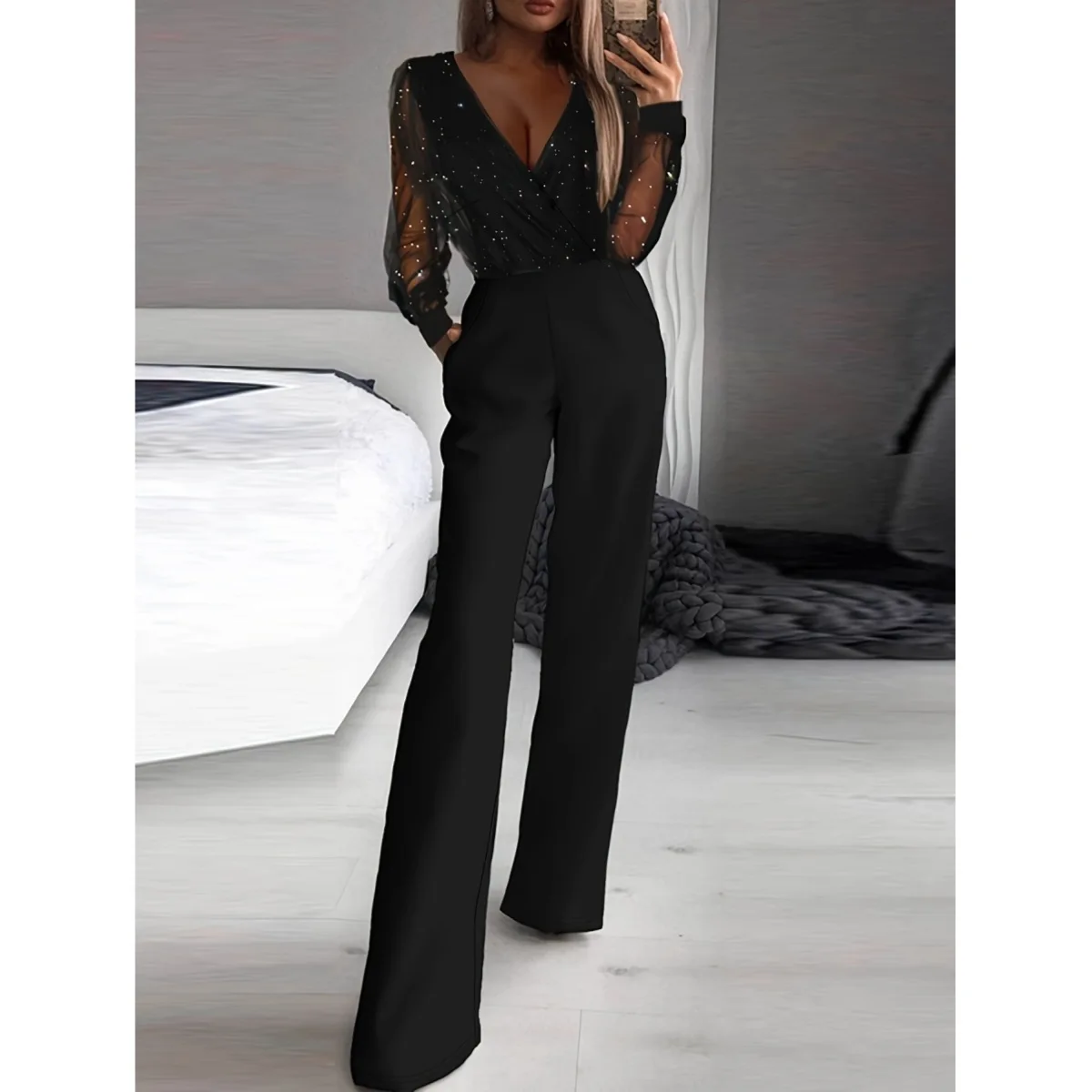 2026 Women Elegant Bandeau Jumpsuit Summer Solid Off Shoulder V-Neck High Waist Temperament Sleeveless Pocket Design Jumpsuit