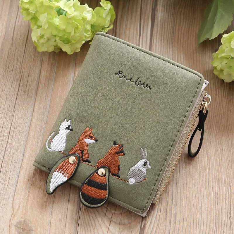 

Women Small Wallet Cute Animal Tail Embroidery Square Zipper Coin Purse Ladies Credit Card Holder College Girl Mini Money Bag