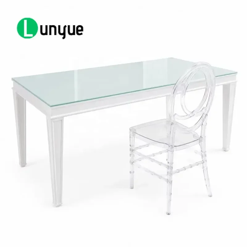 Rectangular Tempered Glass Table with Stainless Steel Silver Legs Modern Party Banquet Wedding Event Furniture Durable