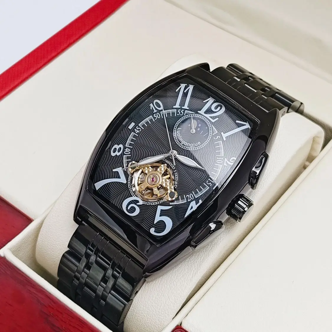 Luxurious Barrel-Shaped Business Men's Mechanical Watch, Automatic Winding, Skeleton Design, Stainless Steel Strap, European and American Style Light Luxury High-End Fashion Casual Versatile Personality Social Young Men's Watch, the Best Gift for Him