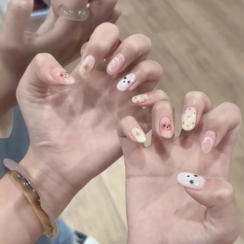 

10PCS Short Oval Handmade Press on Nail Cute Cartoon Bear Yellow Polka Dots French Fake Nails Wearable Sweet False Nail Tips Art
