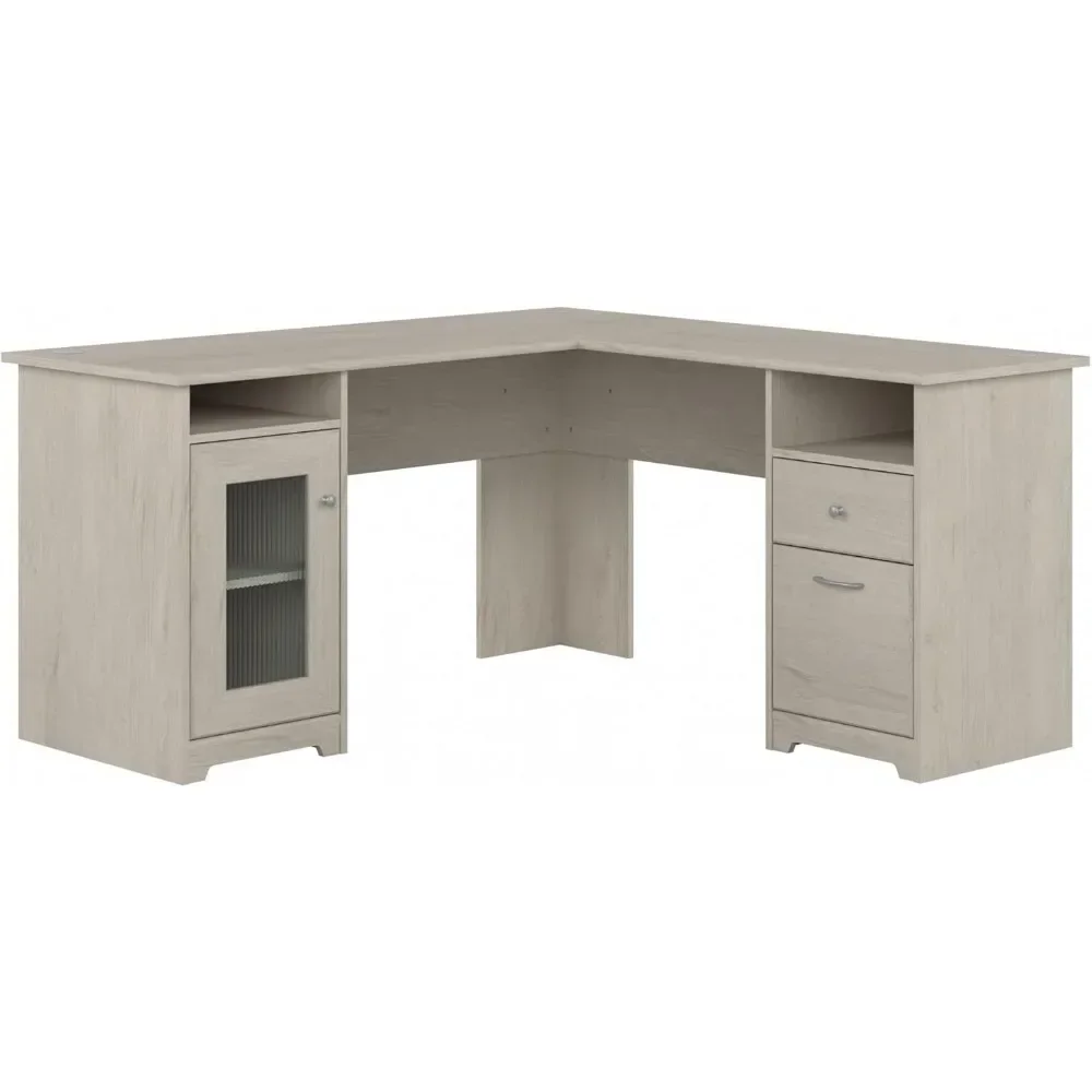 Cabot 60W L Shaped Computer Desk with Storage in Linen White Oak