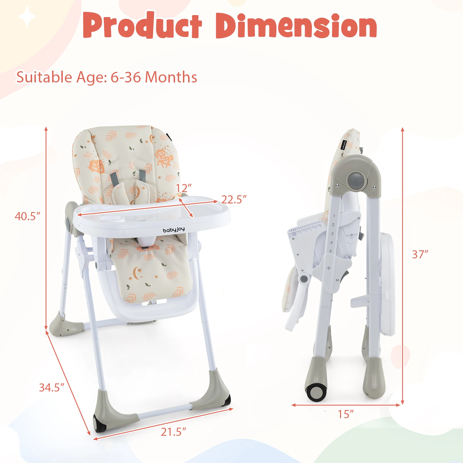 Baby High Chair with 7 Height & 3 Footrest Adjustable Cup holder 2 Wheels