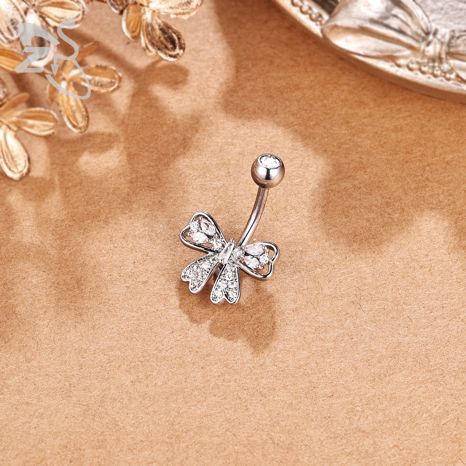 ZS 1 قطعة قلادة على شكل فراشة الفولاذ المقاوم للصدأ البطن خاتم على شكل زر النساء الفتيات تشيكوسلوفاكيا كريستال السرة الثقب خواتم السري ثقب الجسم #4