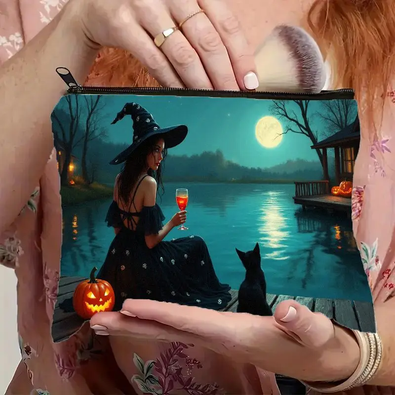 Gothic Witch & Black Cat Makeup Bag - Durable Zipper Closure Compact Travel Cosmetic Pouch with Witch, Pumpkin & Moonlit Lake