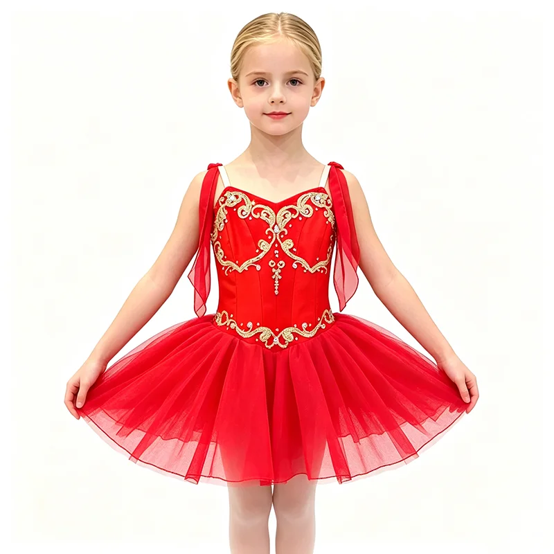 Womens Double Shoulder Ribbon Heart Neck Ballet Performance Dress Symmetric Gold Scroll Rhinestone Embroidery Solid Short Dance