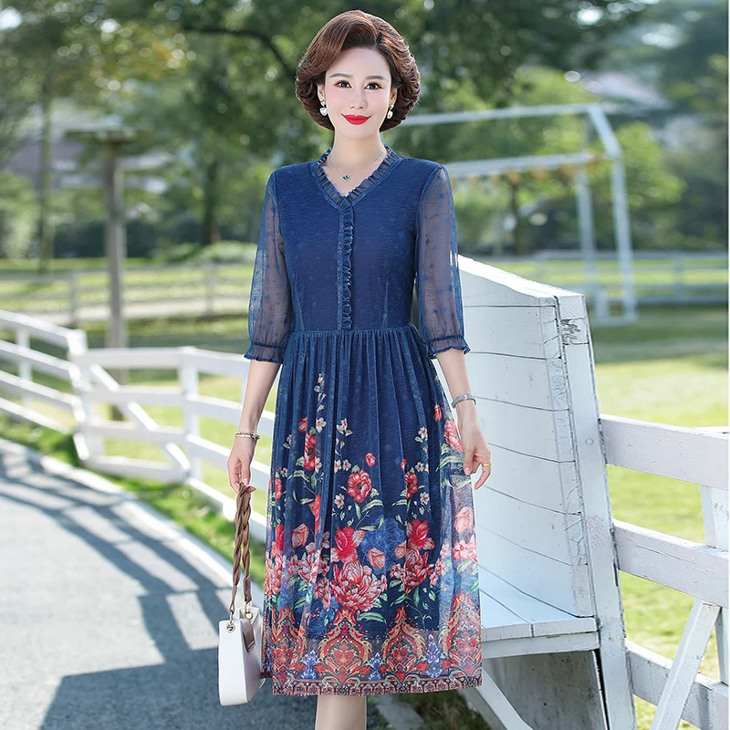 

Summer Elegant Midi Mesh Yarn Print Dress Women Positioning flower Half Sleeve Wrinkle A-Line Dresses Casual Beach Vestidos