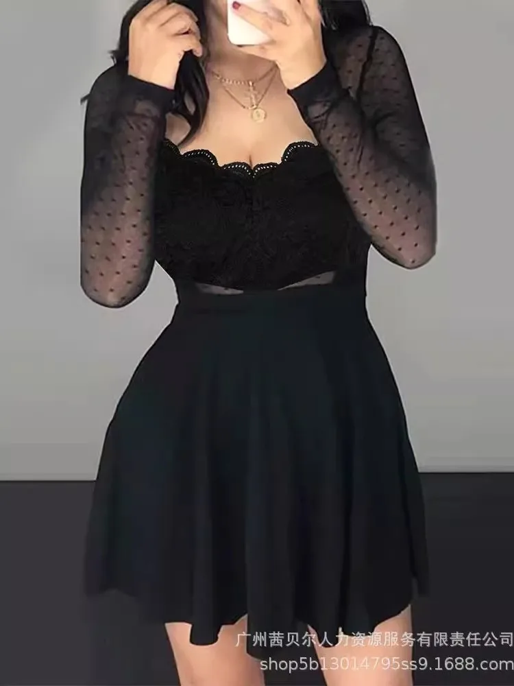 

Solid Color Dress Dresses 2025 Woman Vestido See Through Lace Polka Dots Patchwork Slim Elegant Temperament Banquet Long Sleeves