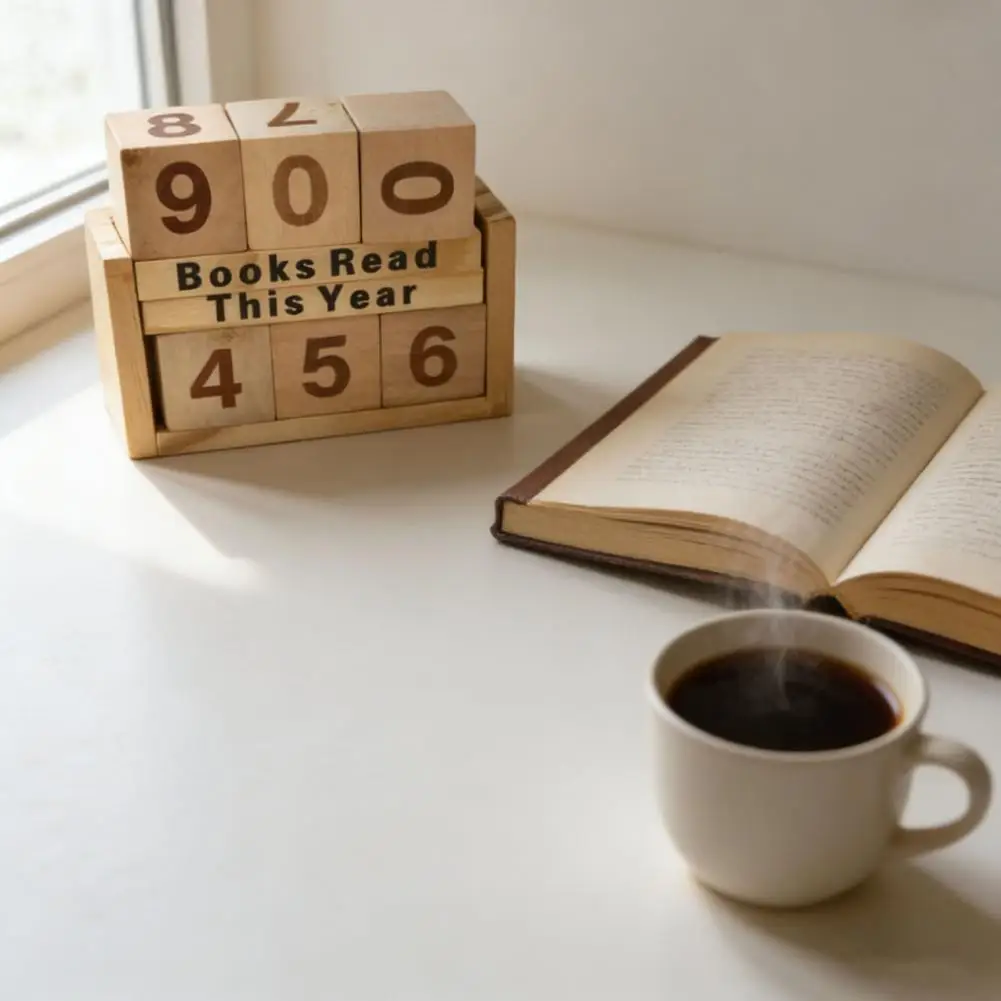 Wooden Reading Counter Wooden Reading Challenge Tracker with Number Cubes Bookshelf Decoration for Book Lovers Bookworm Gift