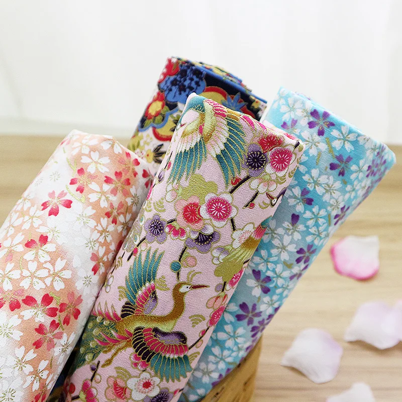 Japanese Fabric Cotton Per Meter for Kimono Sachet Pillowcase Doll Clothes Diy Sewing Bronzing Printed Cloth Wave Sakura Cat Red