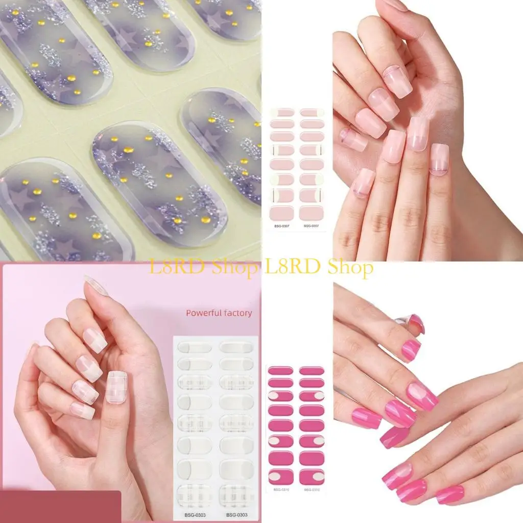 

L8RD 16 Pcs Long Lasting Semi Cured Stickers, French Semi Cured Gel Strips Long Polish Strips for Women