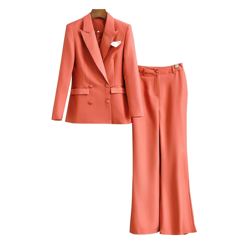 Orange Fashion Pants Set Women\'s, Medium Length Suit Top Wide Leg Pants Two Piece Set, Long Sleeve, Evening Dress, New Style