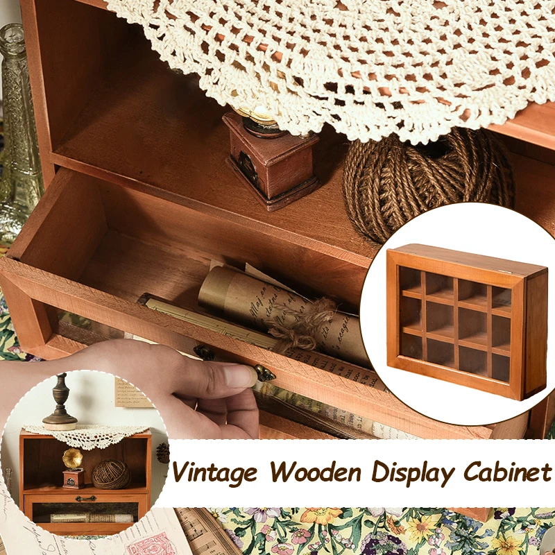 

Retro Wood Desk Storage Box Doll Figure Display Stand Cosmetic Jewelry Organizer Multifunctional Storage Box Household