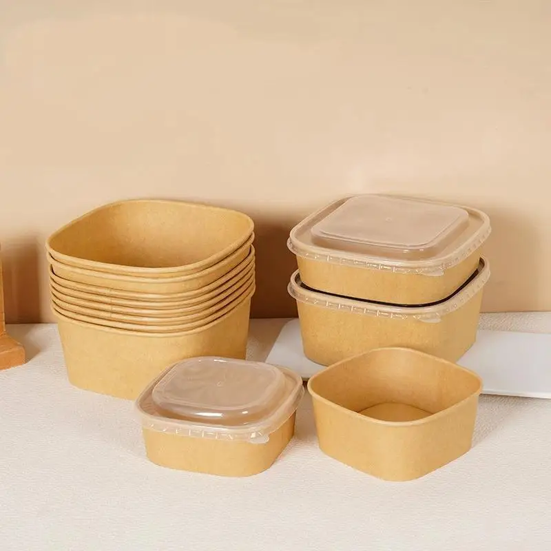 10Pcs Disposable Lunch Box Kraft Paper Square Lunch Box Fast Food Packing Boxes Paper Bowls With Lid Household Bento Boxes